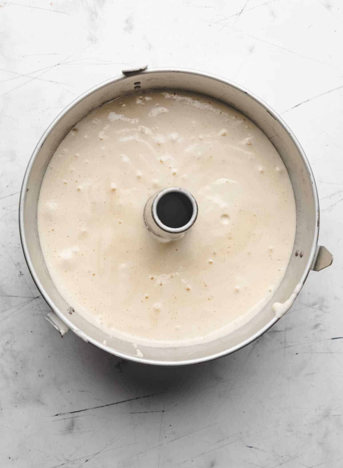 Chiffon cake batter in a tube pan. 
