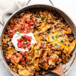Ground beef burrito skillet in a large gray skillet.