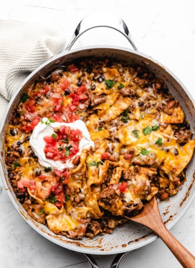 Ground beef burrito skillet in a large gray skillet.