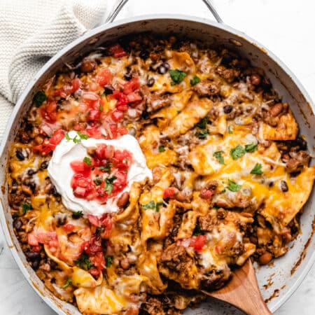 Ground beef burrito skillet in a large gray skillet.