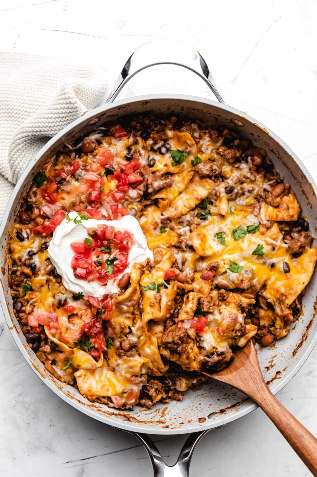 Ground beef burrito skillet in a large gray skillet.