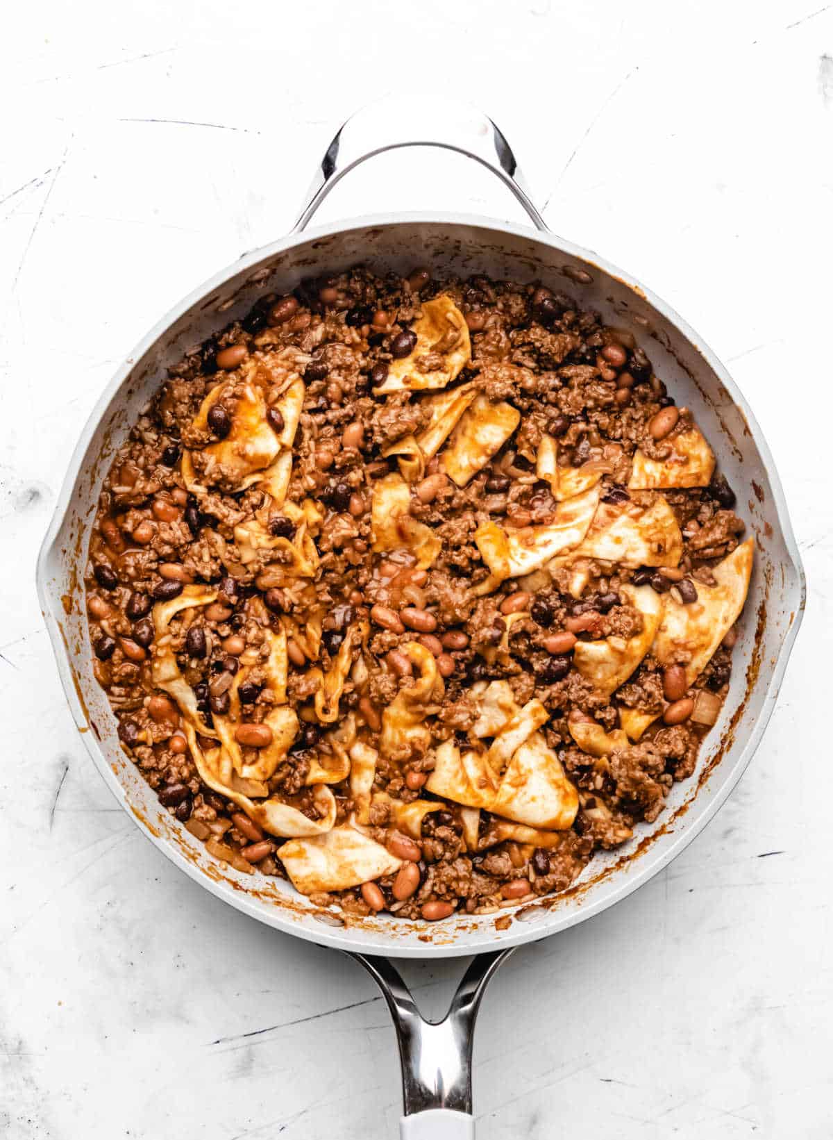 Sliced tortilla stirred into ground beef mixture. 