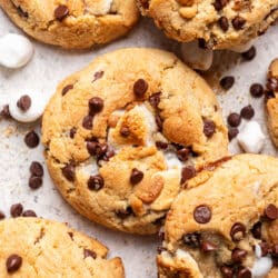 S'mores cookies next to marshmallows and chocolate chips.