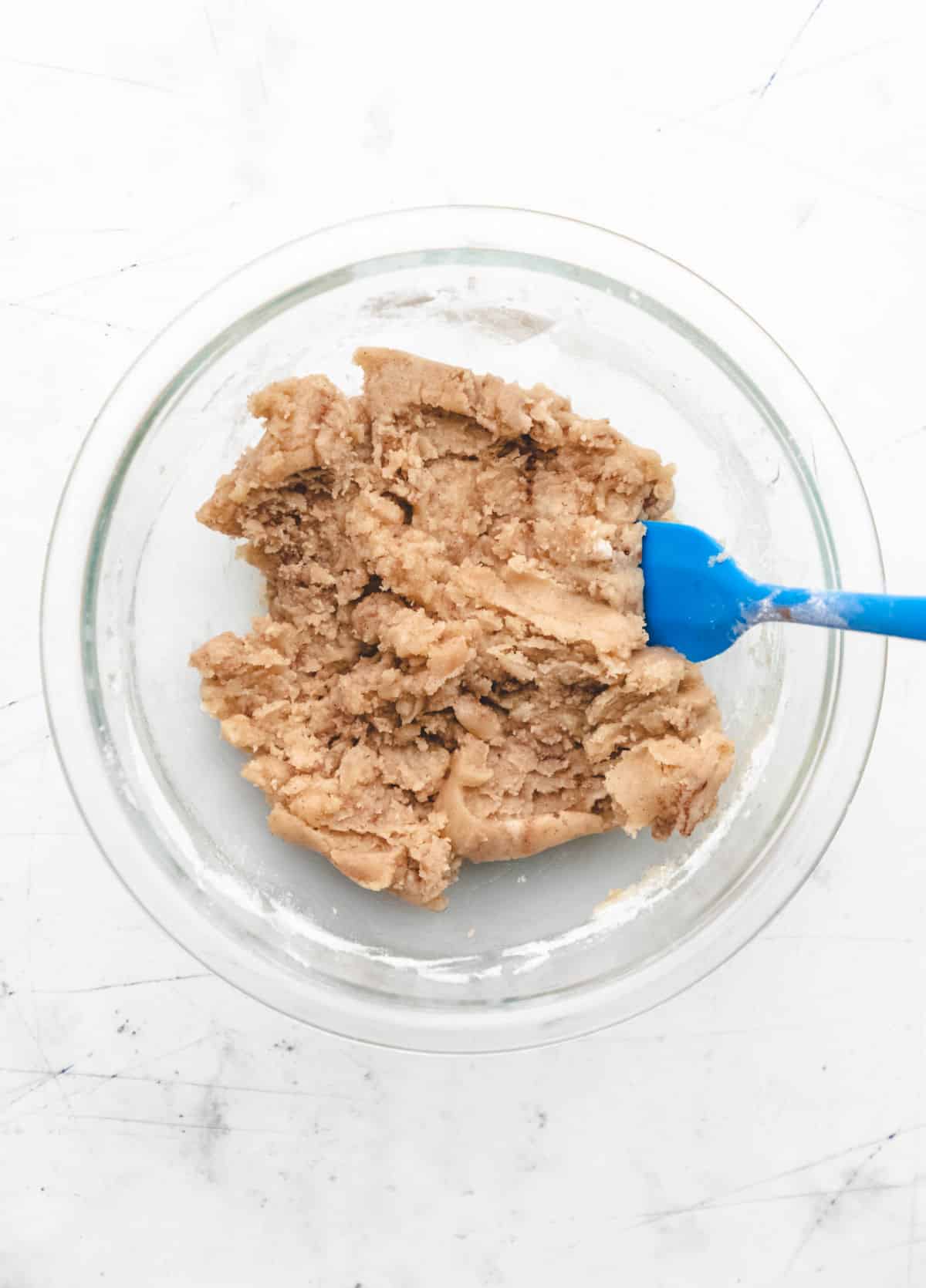 Streusel topping in a glass mixing bowl. 