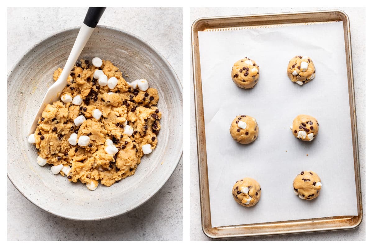 Marshmallows and chocolate chips on cookie dough next to scoops of s'mores cookie dough on a baking sheet.