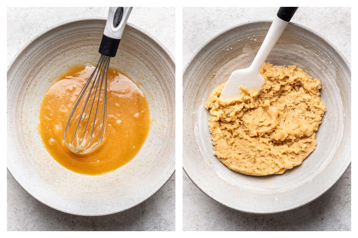 Butter and sugars stirred together in a bowl next to s'mores cookie dough in a bowl. 