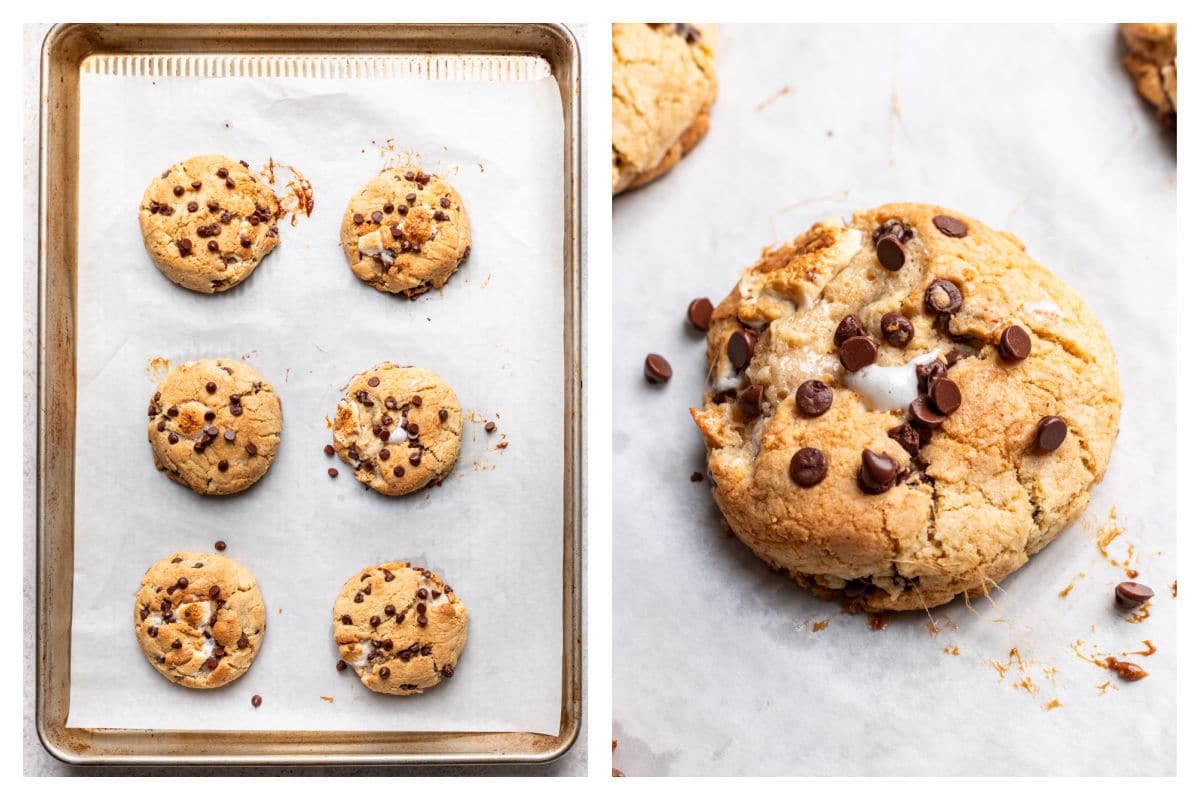 Baked s'mores cookies on a baking sheet. 