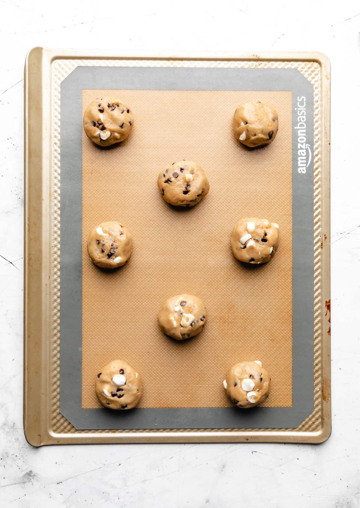 S'mores cookie dough on a baking sheet. 