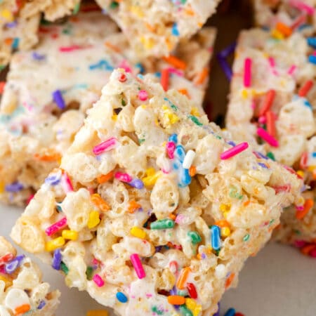 A funfetti rice krispie treat on an angle.