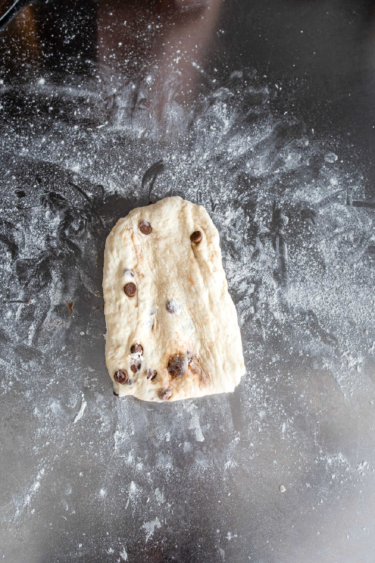 Chocolate chip baguette dough in a rectangle.