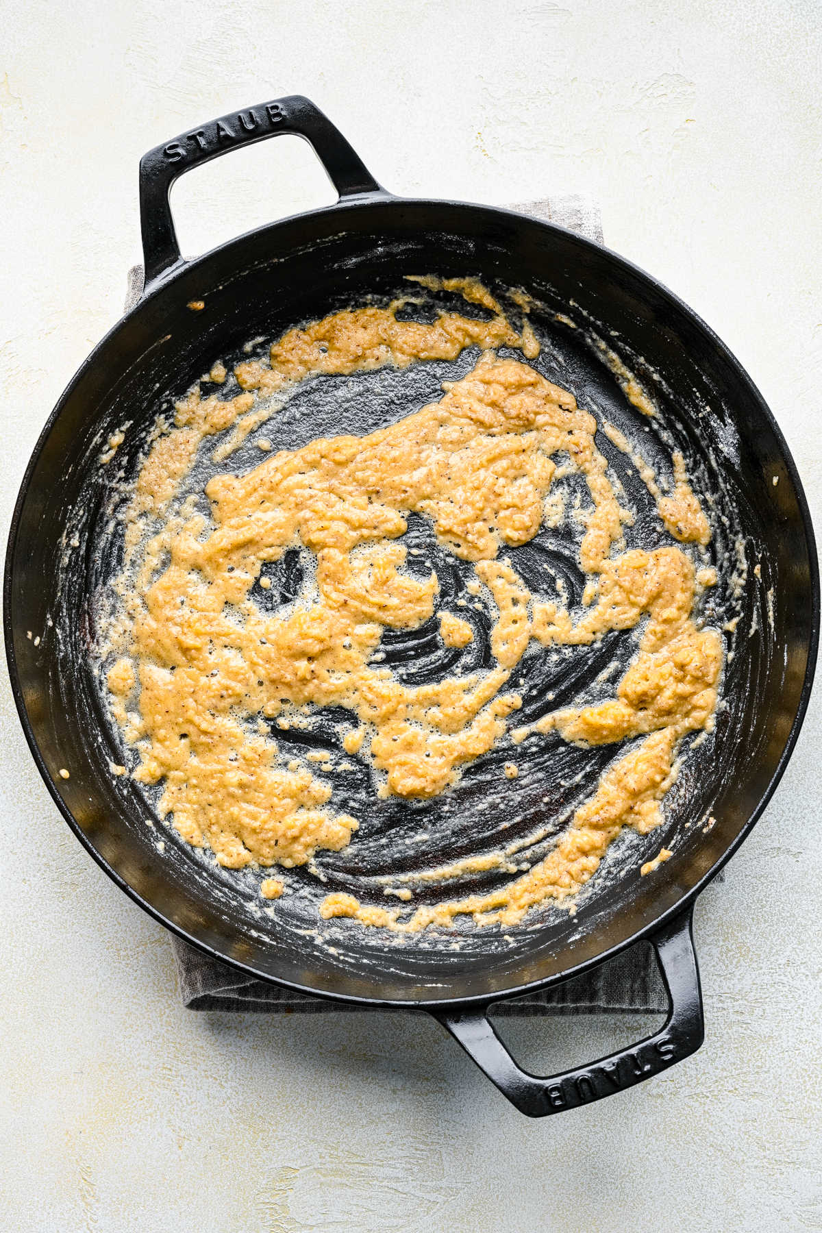 Cooked butter and flour mixture in a cast iron skillet. 