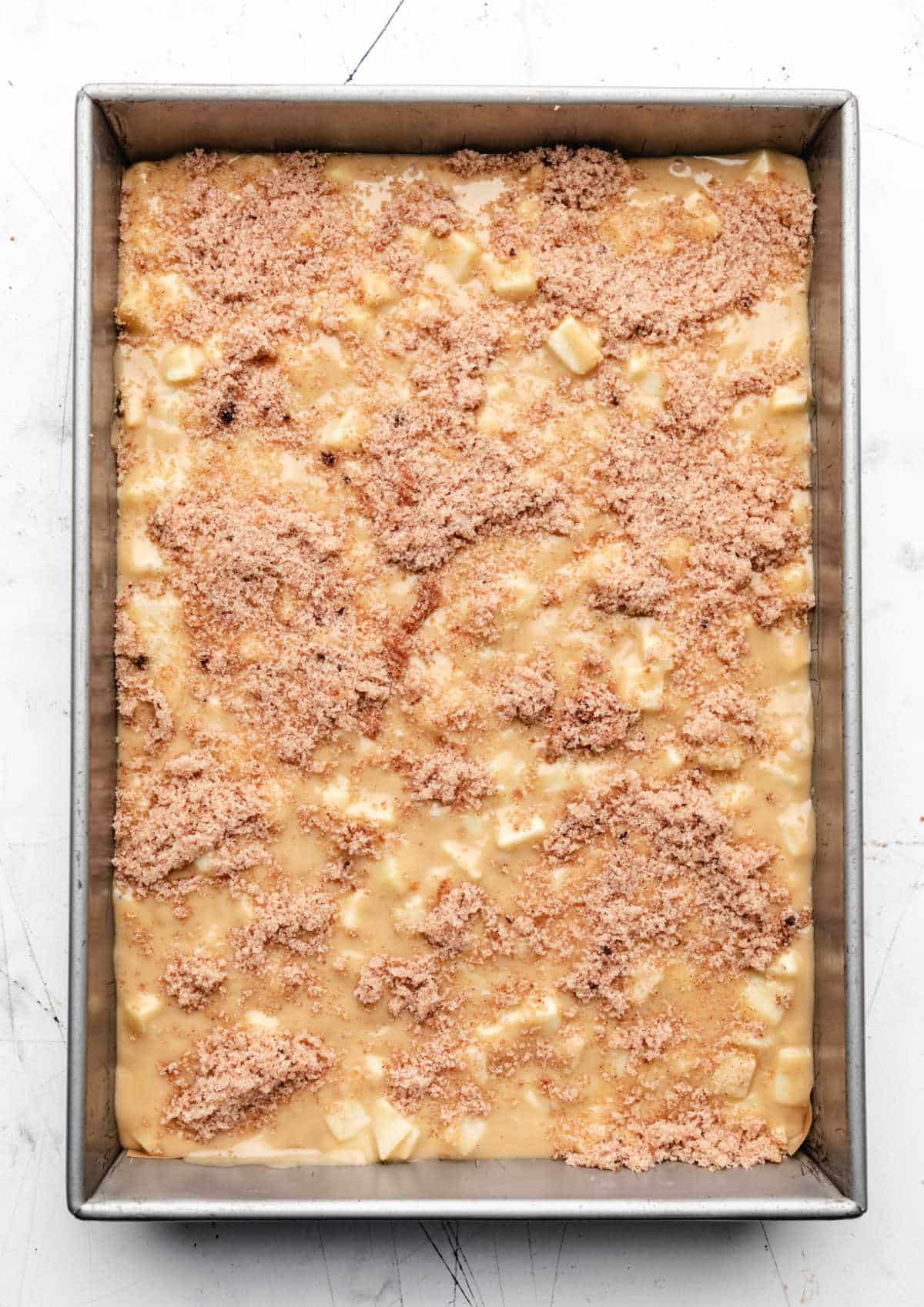 Cinnamon sugar mixture over apple cake batter in a cake pan.