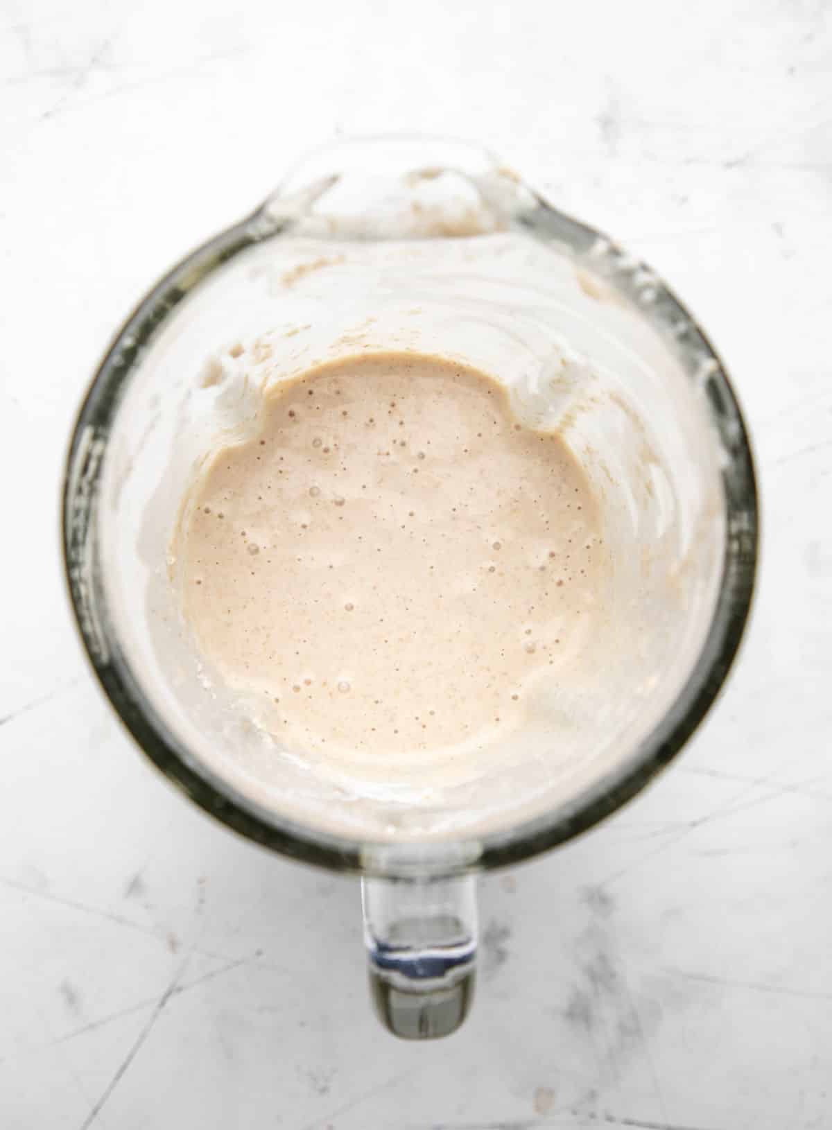 Blended oatmeal pancake batter in a blended. 