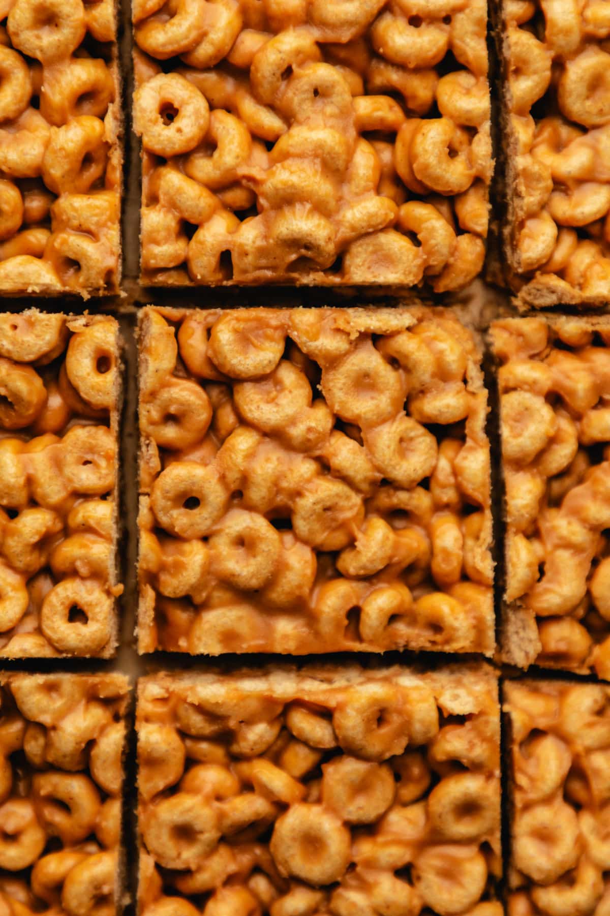 Close up photo of peanut butter cheerio bars cut into pieces.