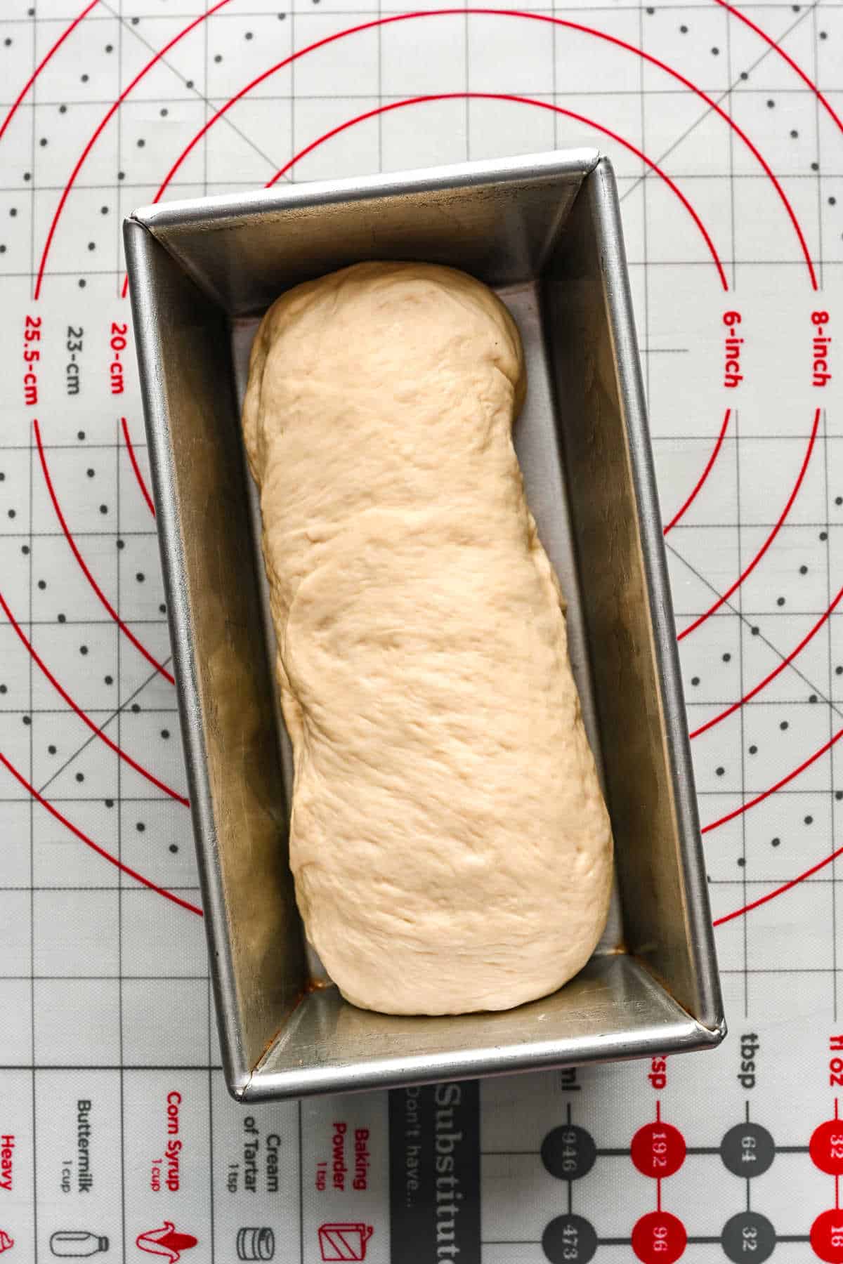White bread dough shaped into a loaf in a loaf pan.
