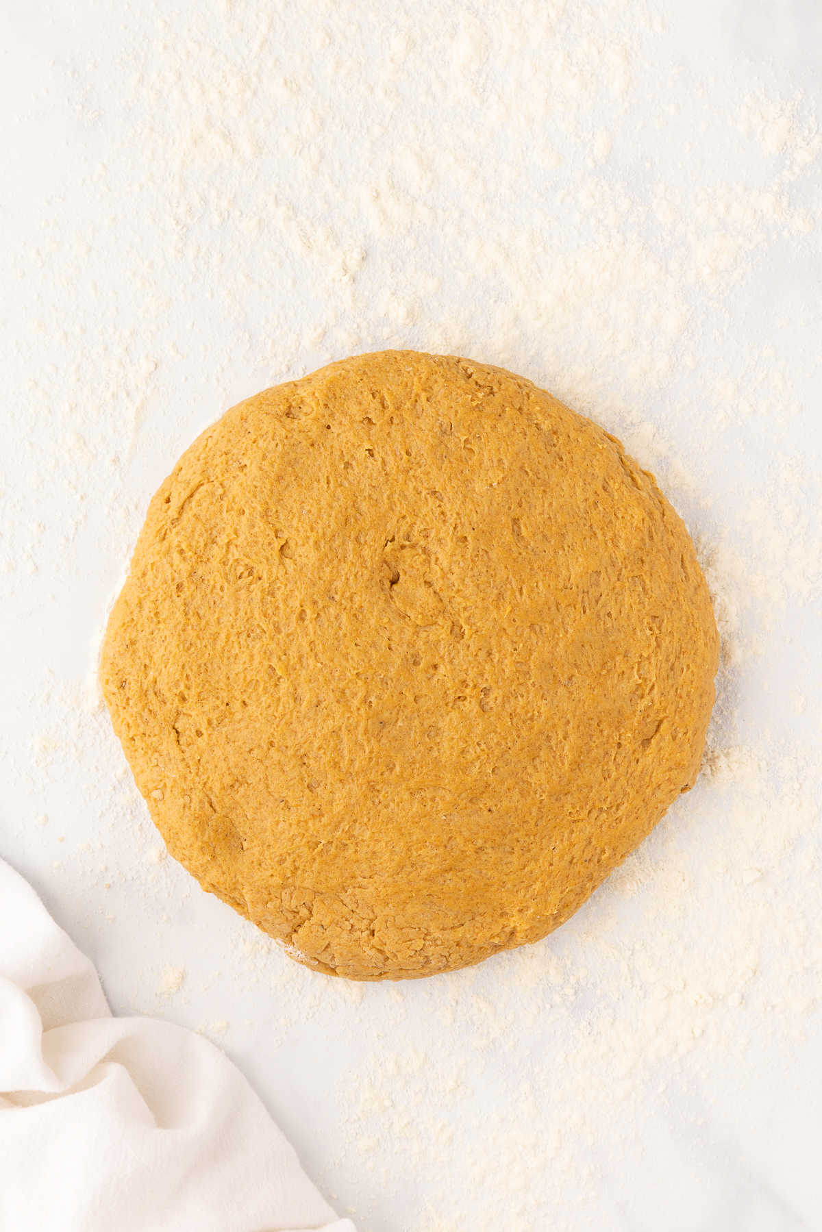 Pumpkin scone dough patted into a circle.