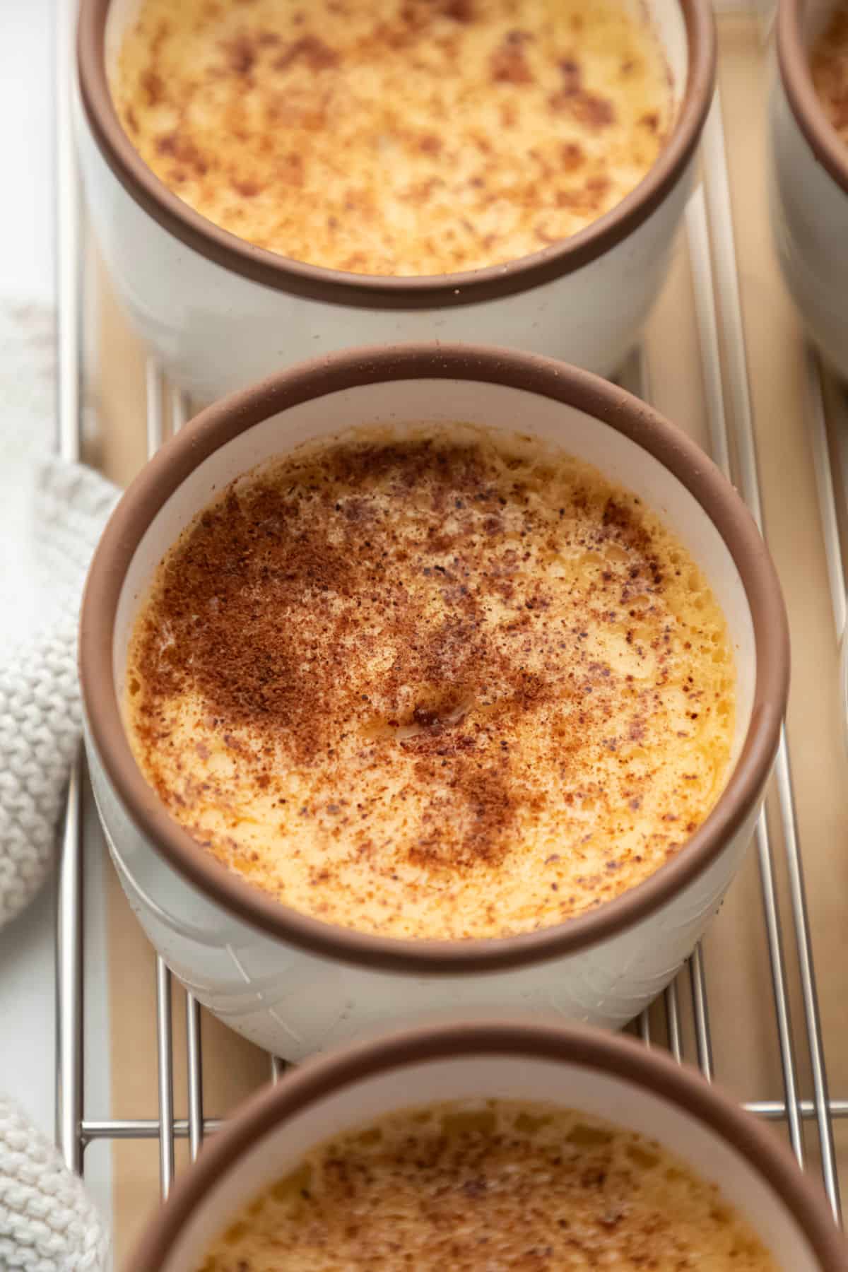 Baked custard dusted with nutmeg in a brown rimmed ramekin.