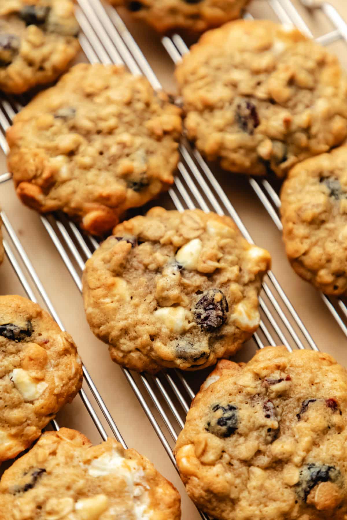 Rows of cranberry oatmeal cookies on a silver wire cooling rack.