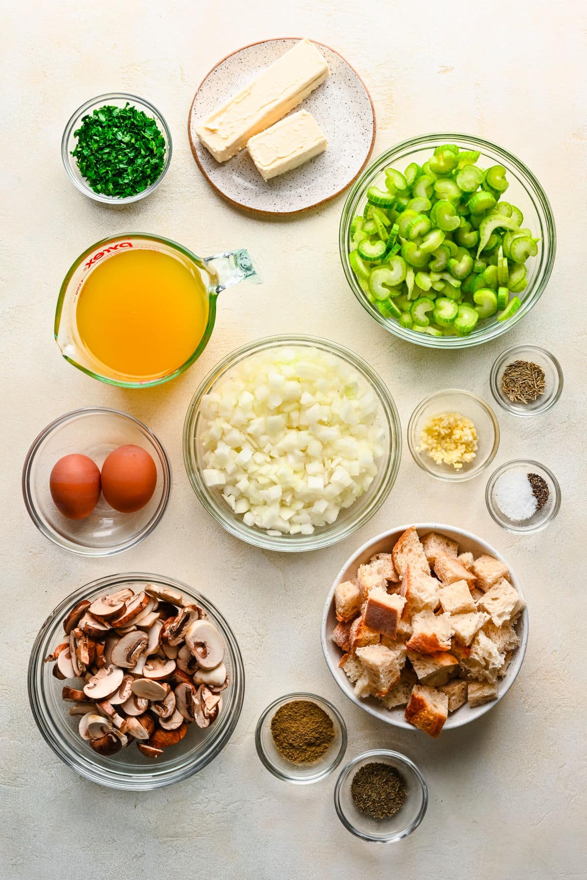 Ingredients for homemade stuffing in dishes.