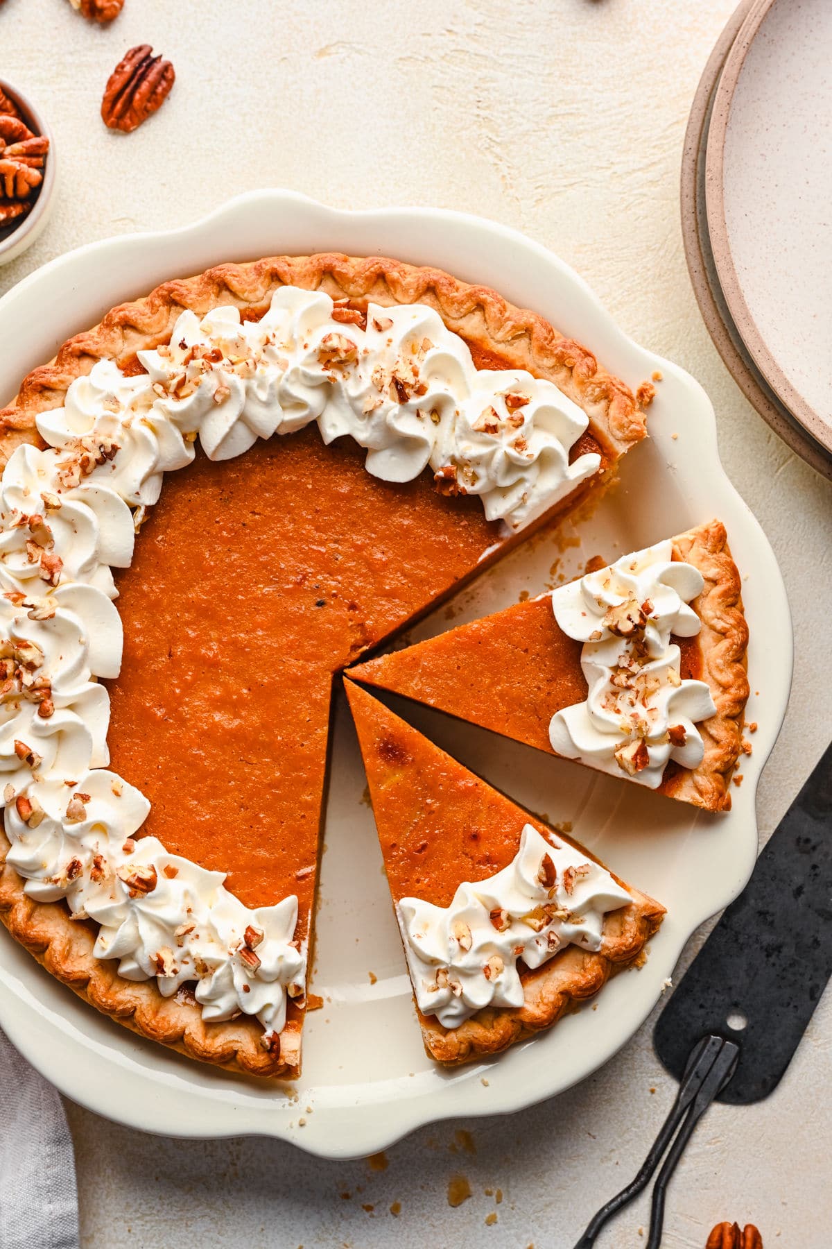 Sweet Potato pie with two pieces cut in the pan.