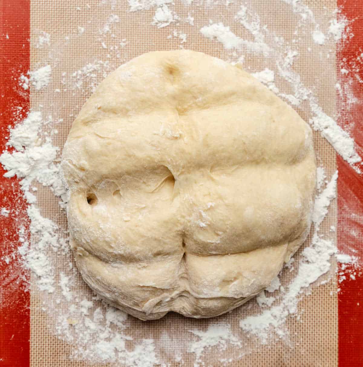 Potato roll dough sectioned into 8 pieces. 