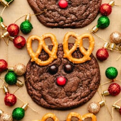 Three reindeer cookies surrounded by Christmas light ornaments.