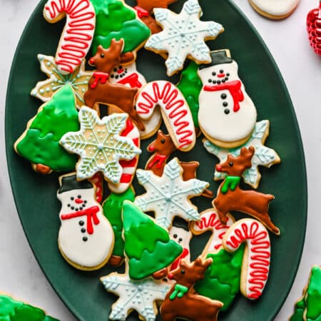 Decorated cut out sugar cookies on a platter.