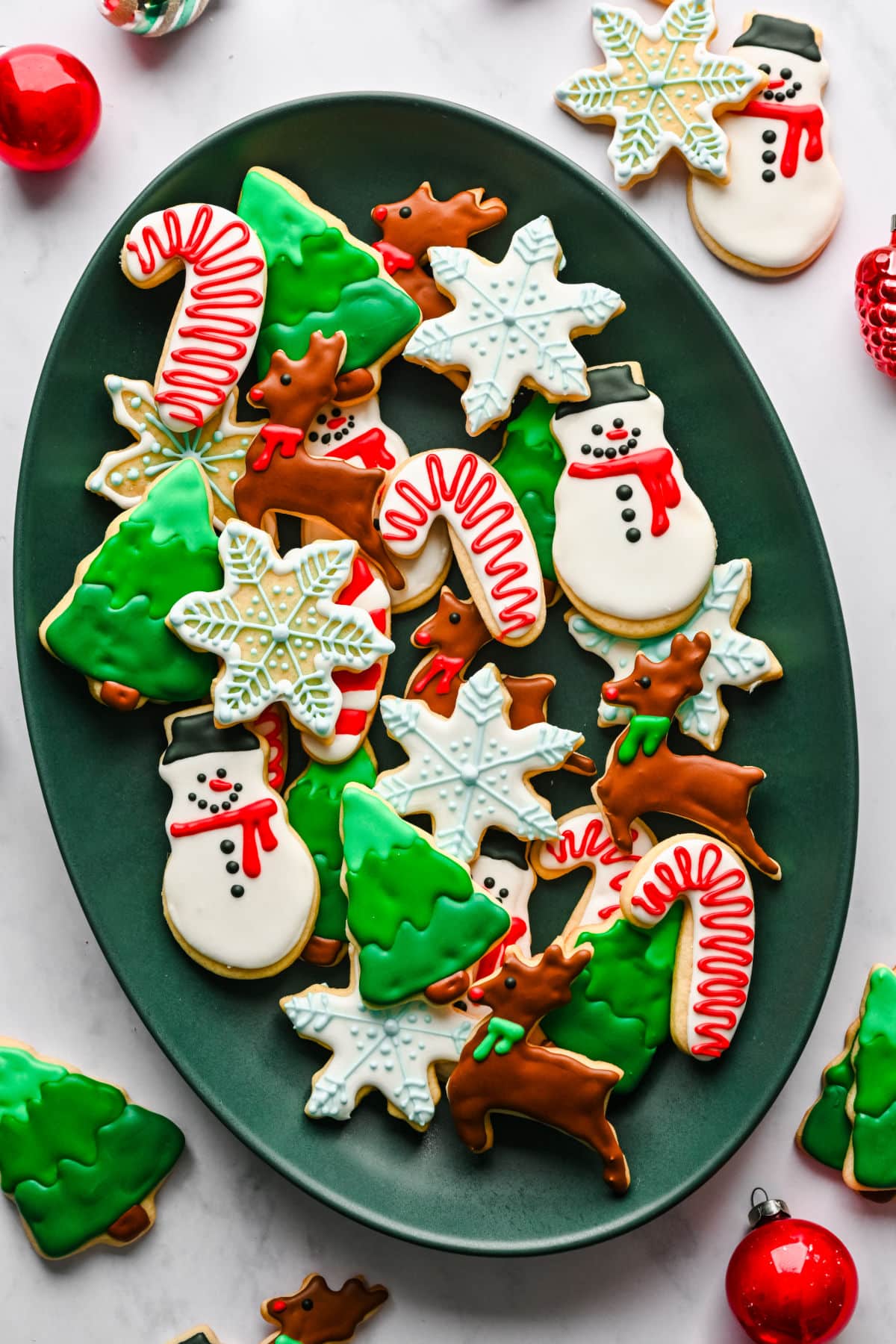 Decorated cut out sugar cookies on a platter.