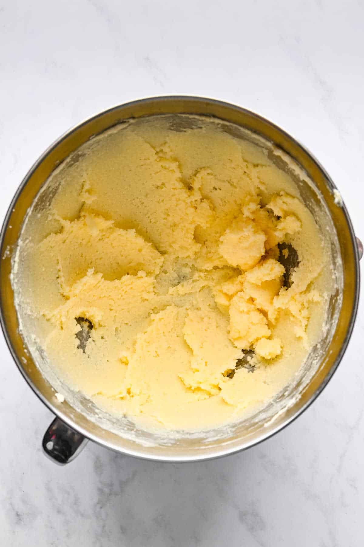 Creamed butter and sugar in a mixing bowl. 