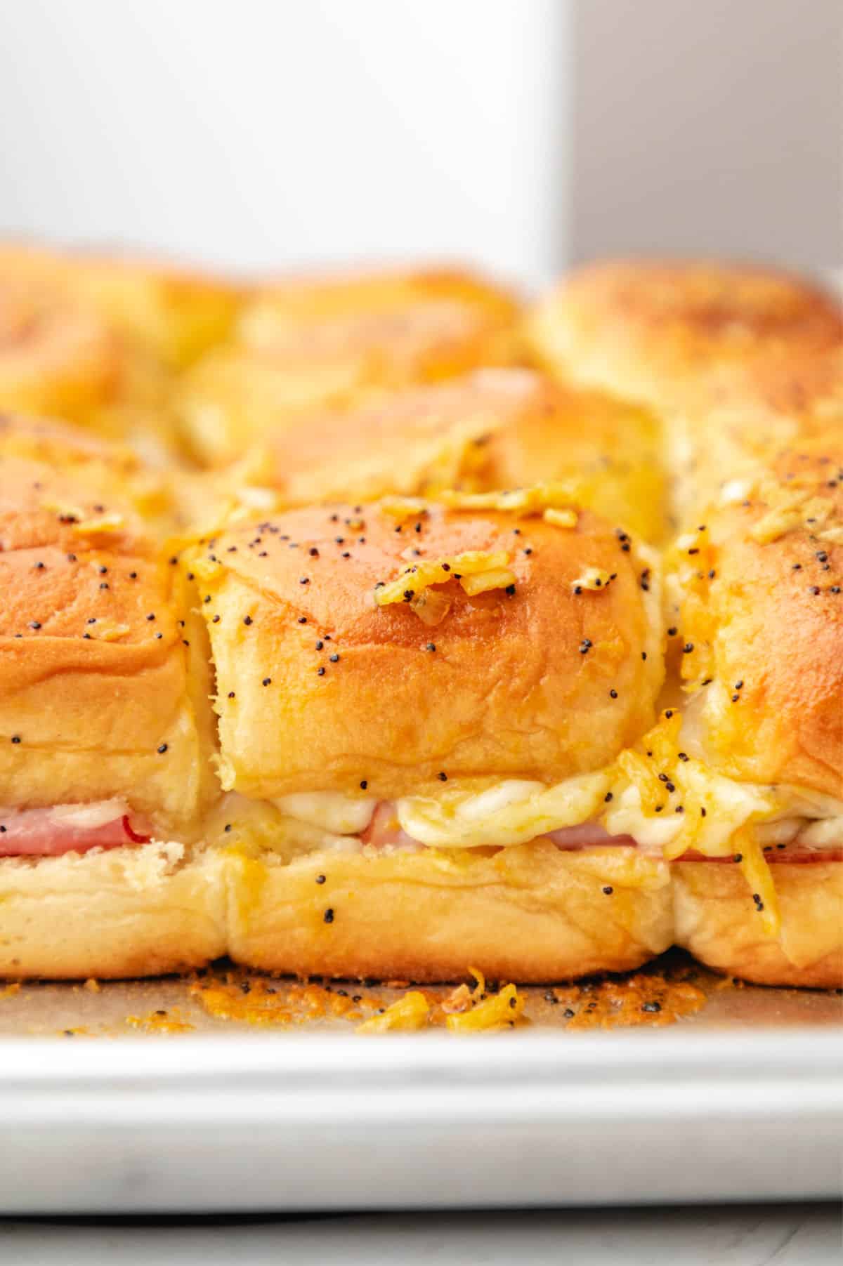 Rows of baked ham and cheese sandwiches on a baking sheet. 