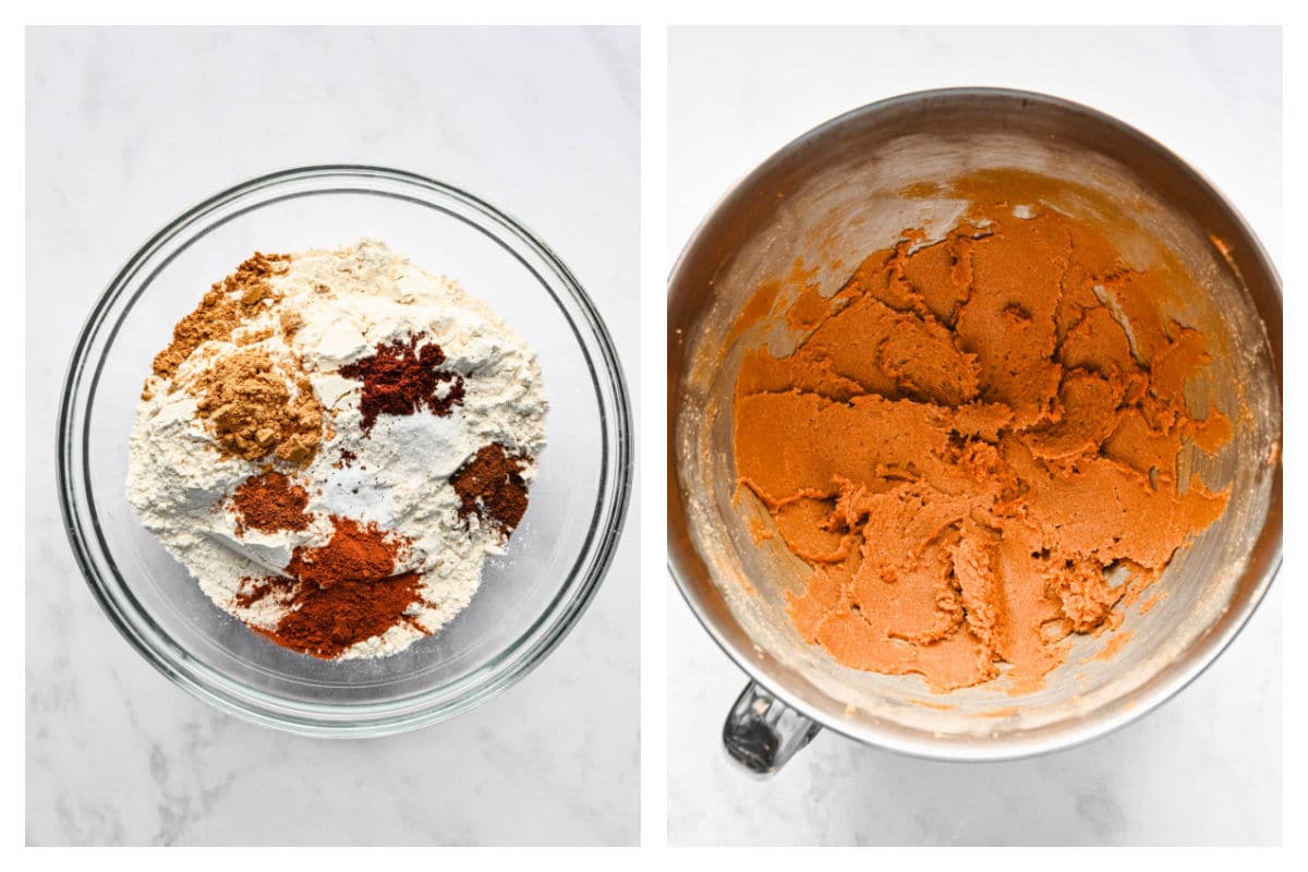 Dry ingredients for gingerbread men in a bowl next to creamed butter mixture.