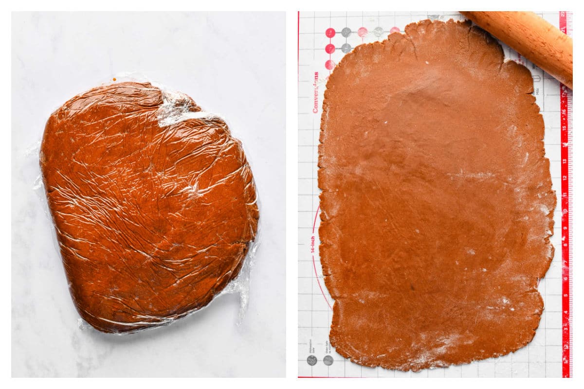 Flattened gingerbread dough disc in plastic wrap next to dough rolled out.