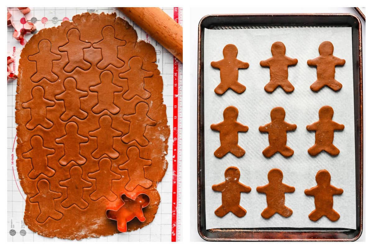 Gingerbread men cut into dough next to the cut outs on a baking sheet.