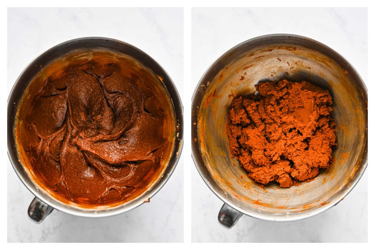 Wet ingredients for gingerbread men in a bowl next to gingerbread men dough in the mixing bowl.