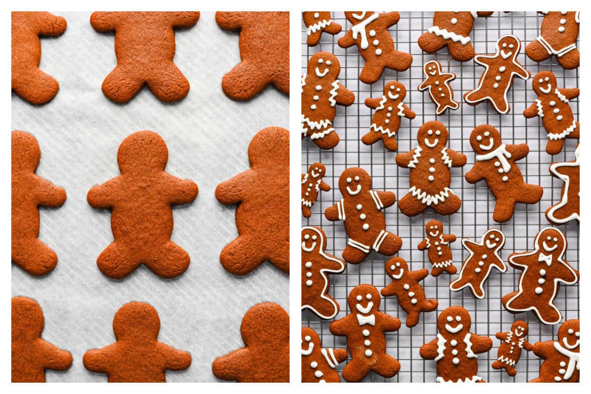Baked gingerbread men on a baking sheet next to decorated gingerbread men on a wire cooling rack.