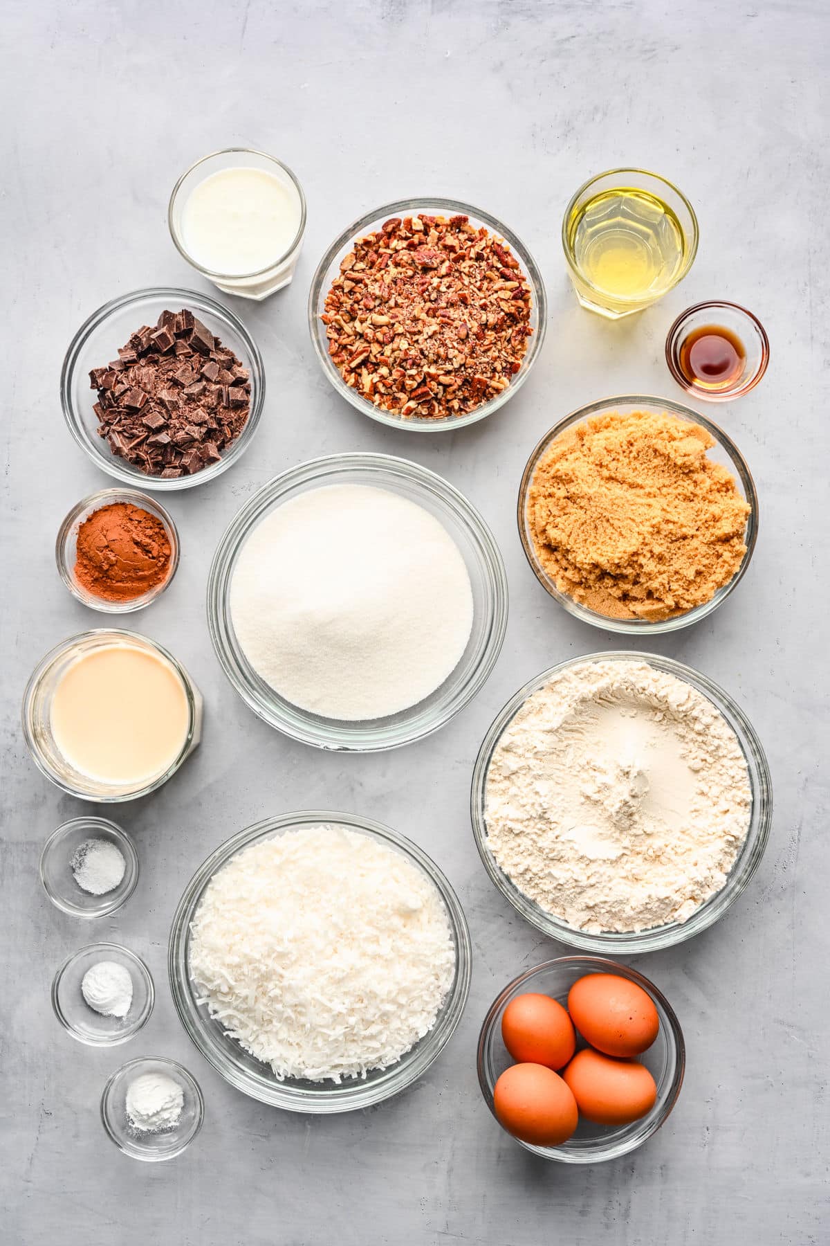 Ingredients for German chocolate sheet cake in dishes. 