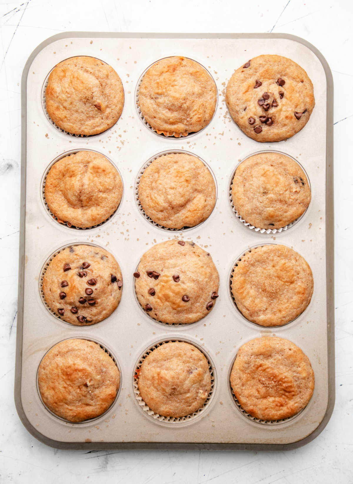 Baked Greek yogurt muffins in a muffin tin.