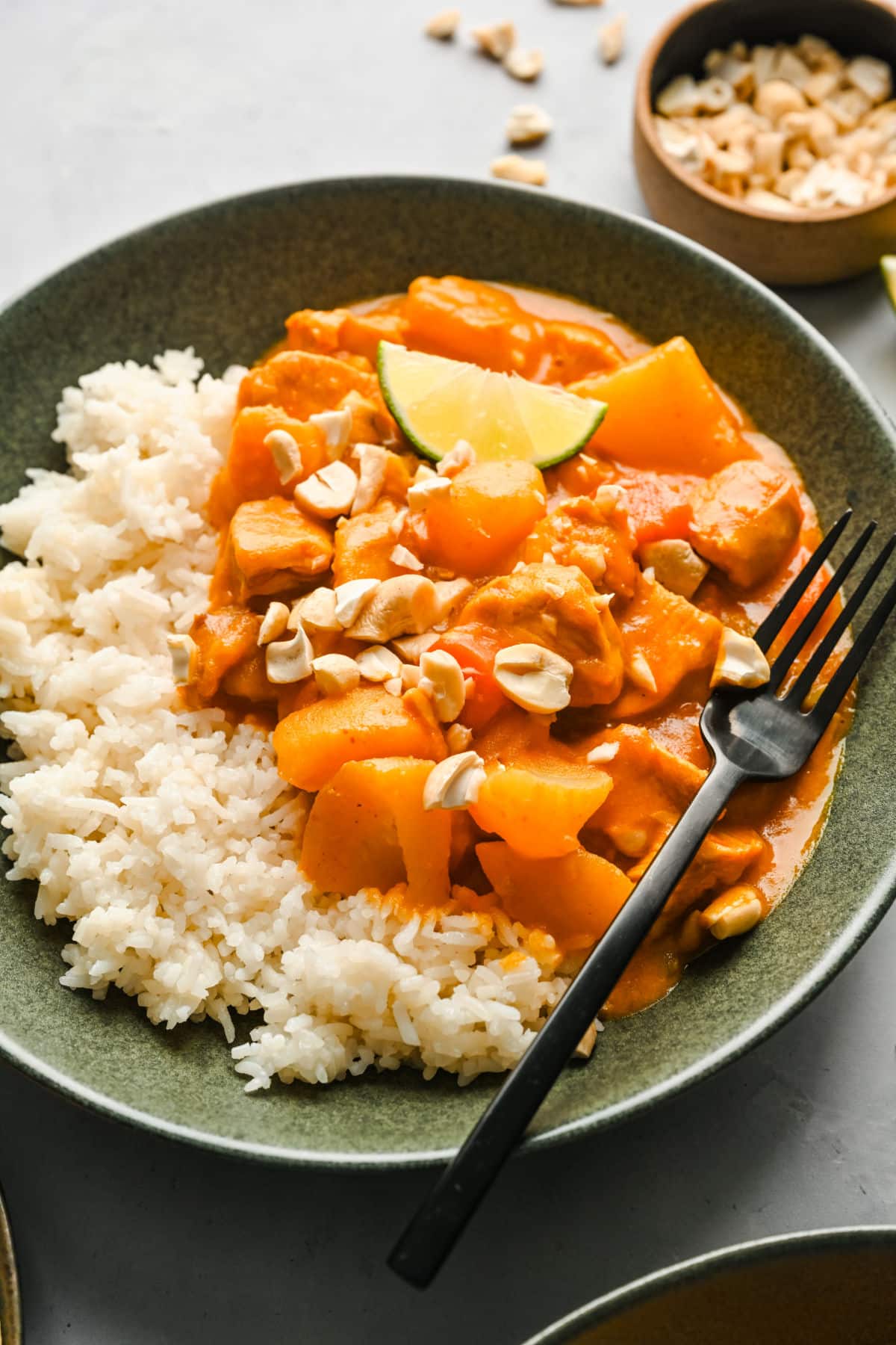 A black fork on a plate of chicken massaman curry and rice. 