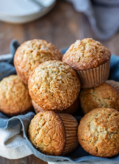 Oatmeal muffins in linen-lined basket.