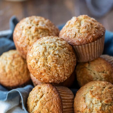 Oatmeal muffins in linen-lined basket.