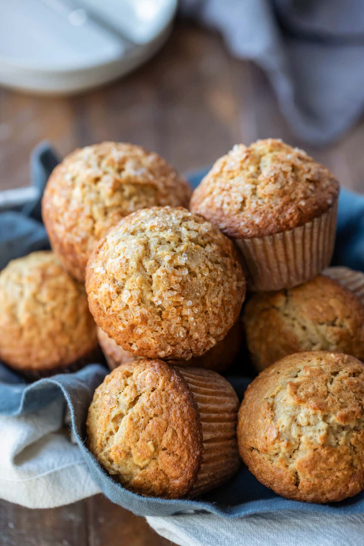 Oatmeal muffins in linen-lined basket.