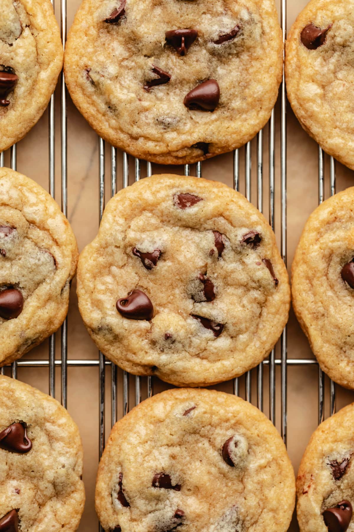 Coconut oil chocolate chip cookies on a wire cooling rack.