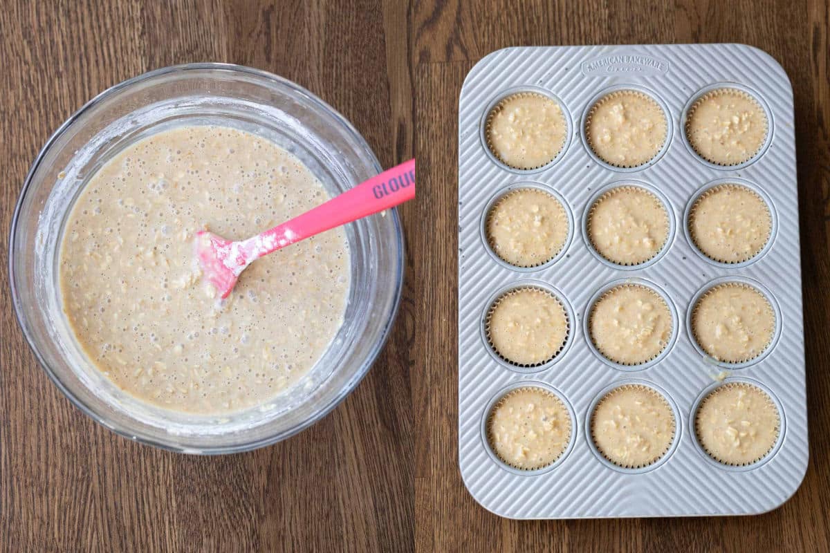 Oatmeal muffin batter in a glass mixing bowl next to oatmeal muffin batter in a muffin tin.