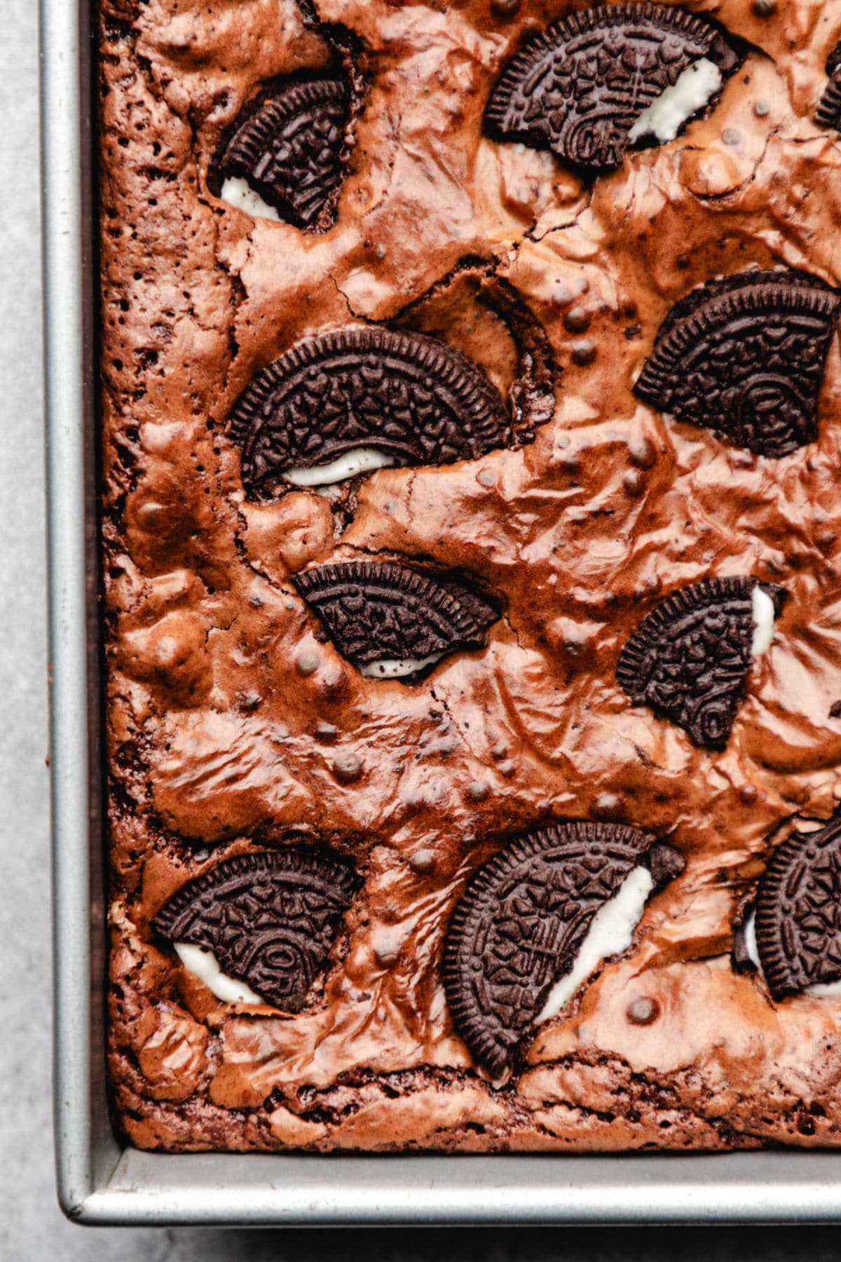 Close up photo of Oreo brownies in a baking pan.