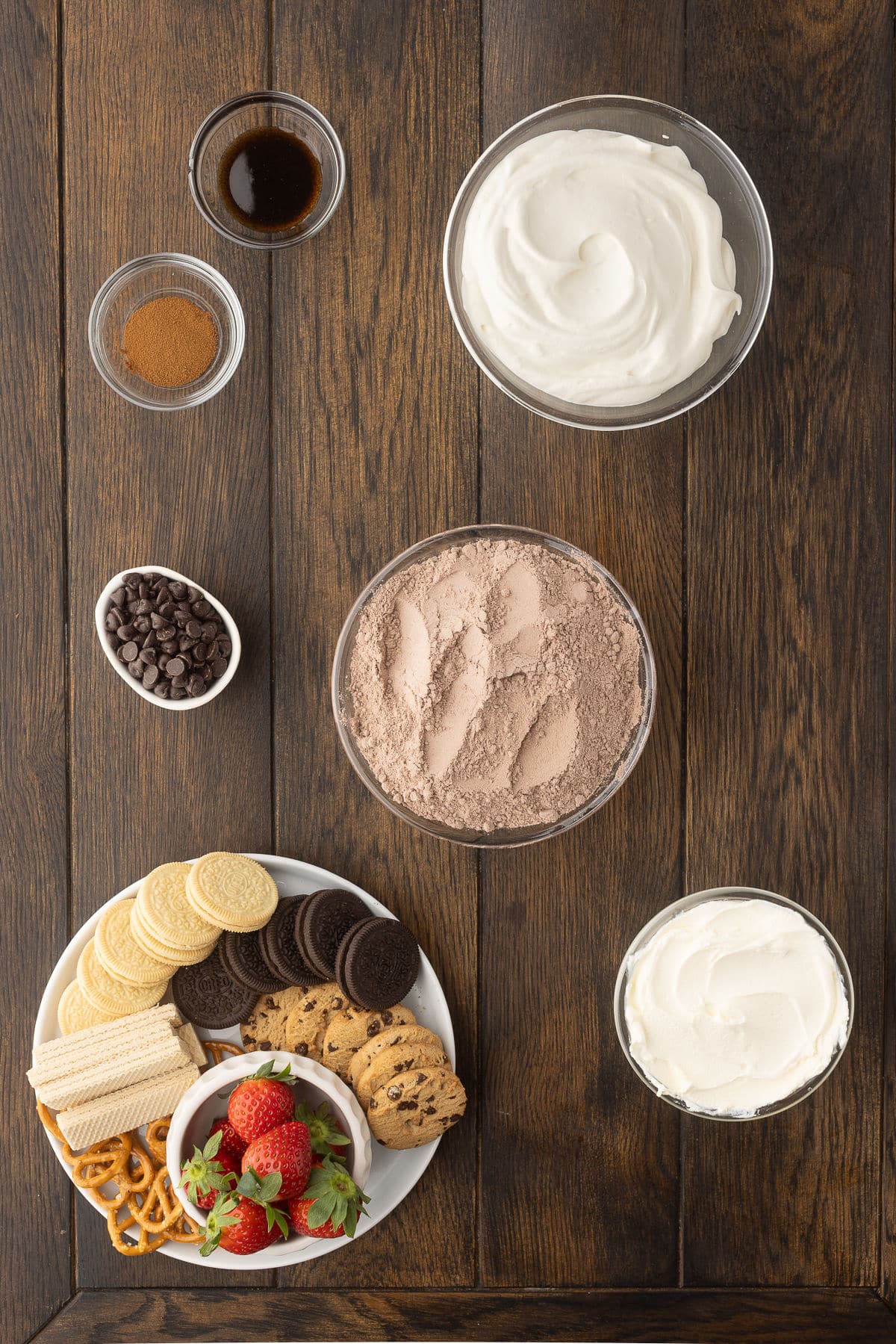 Ingredients for brownie batter dip in dishes. 