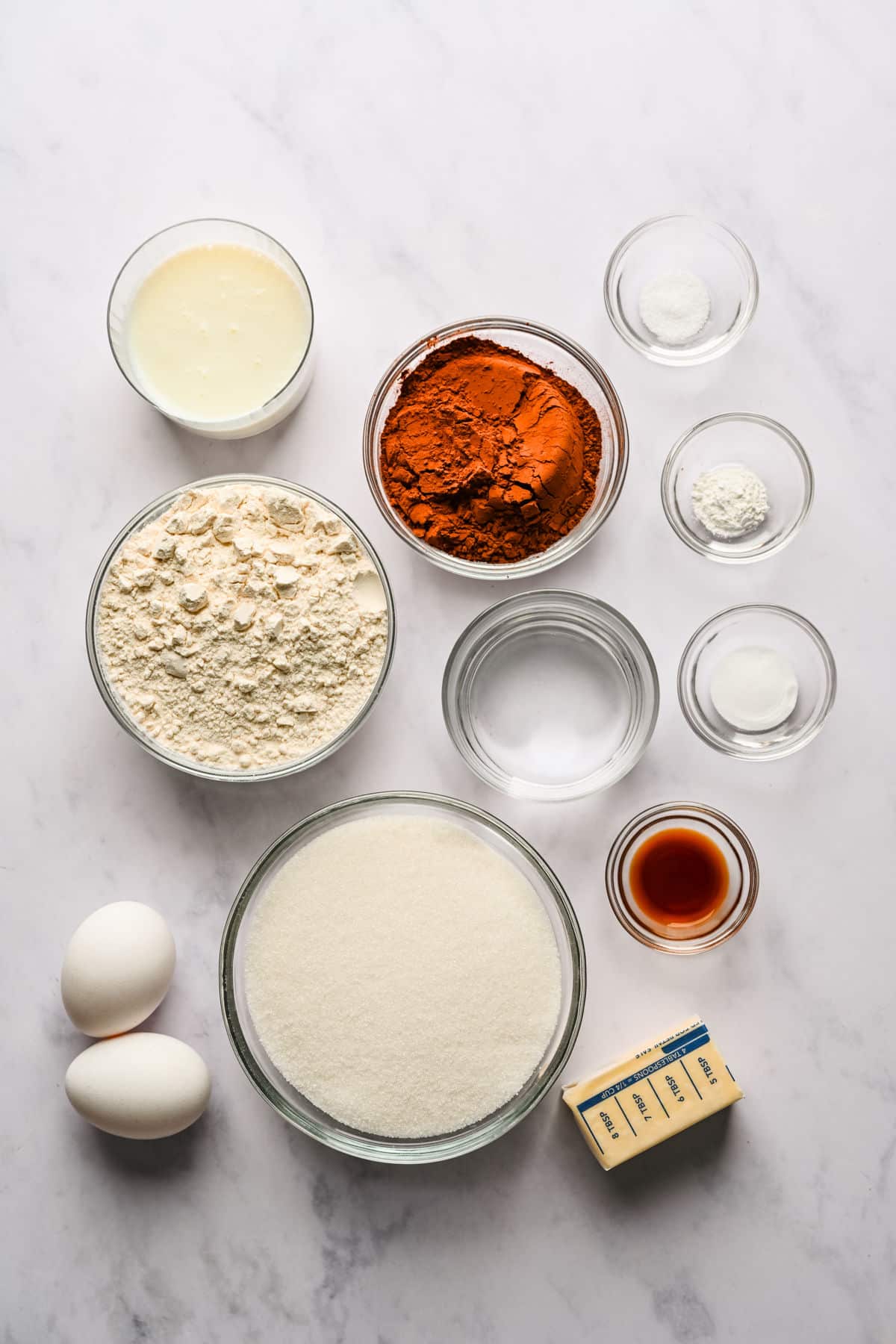 Ingredients for chocolate brownie cake in dishes. 