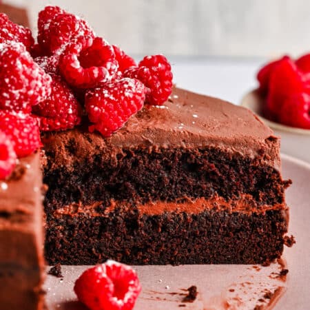 A close up cut section of chocolate brownie cake.