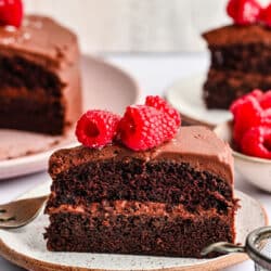 A slice of chocolate brownie cake on a plate topped with fresh raspberries.