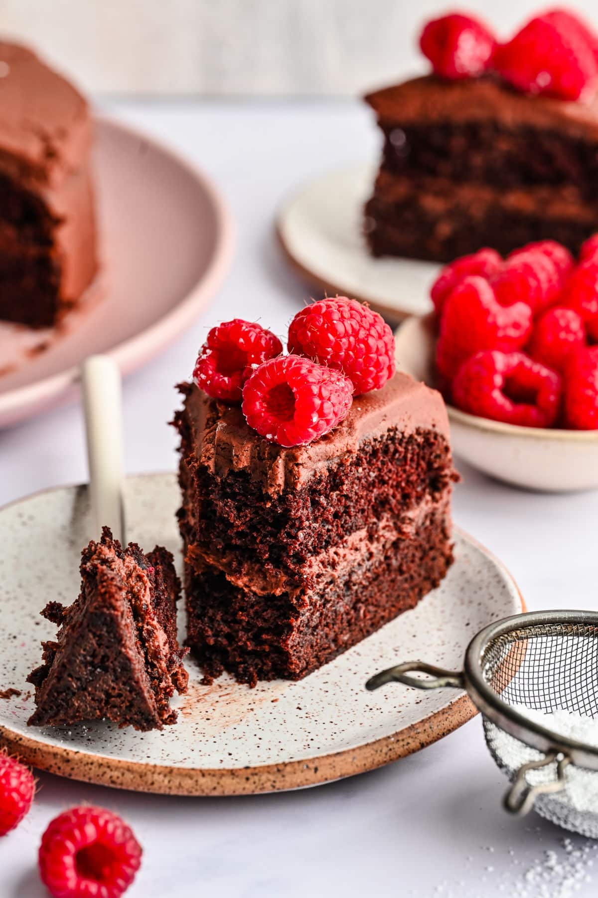 A piece of brownie cake with a bite on the fork next to the slice.