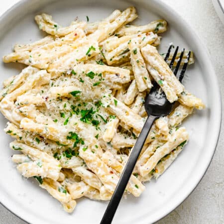 A plate of cream cheese pasta with a black fork in it.